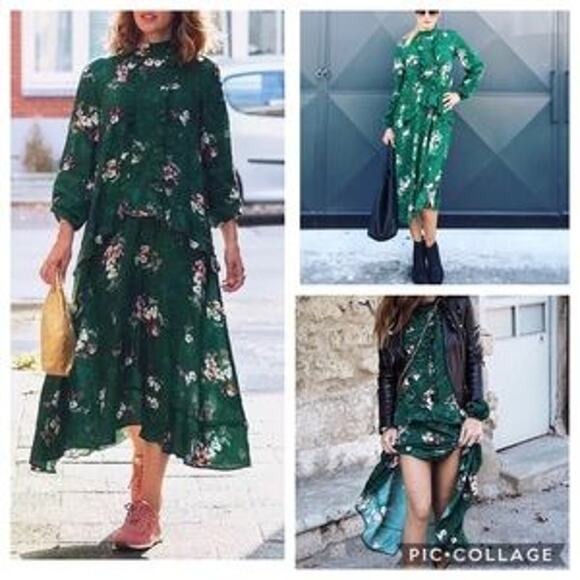 H&M Dresses & Skirts - H&M Green Floral Ruffle Midi Dress Ltd Edition Cottagecore Boho Blogger Fav Sz 4